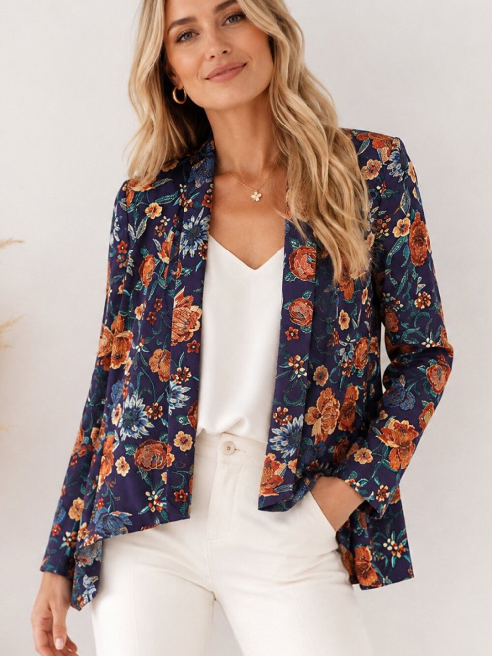 MNG Mango Collection Floral Open Front Lightweight Blazer Jacket Purple Rust S